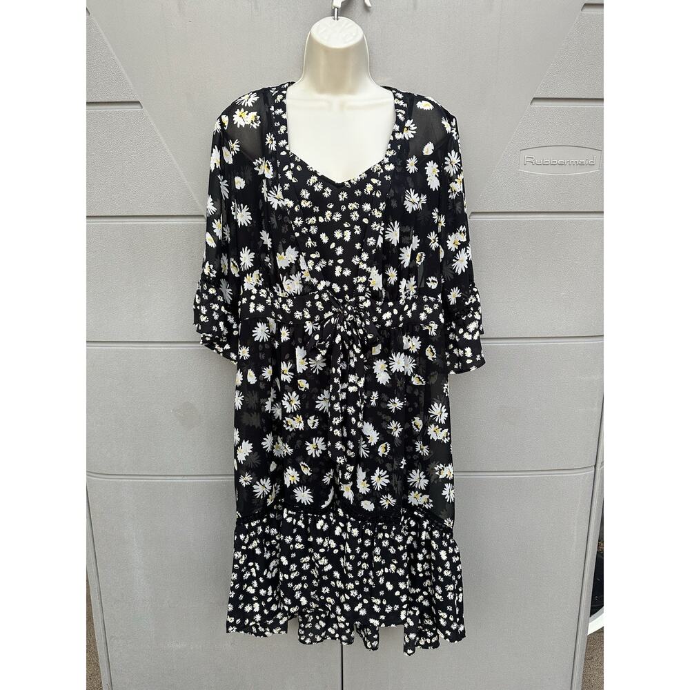 CAbi Daisy Print 2 Piece Chiffon Dress/Duster Wrap Black & White Sz L COTTAGE - Picture 2 of 16